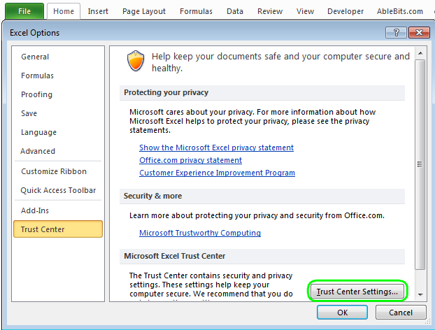 Excel: Trust center settings