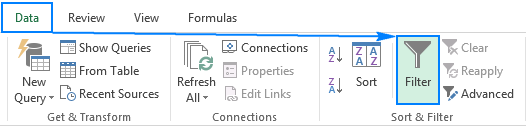 Excelにフィルターを追加するには、[データ]タブの[フィルター]ボタンをクリックします。