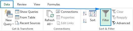 To add a filter in Excel, click the Filter button on the Data tab.