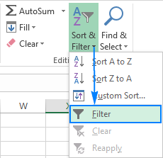 Un alt mod de a introduce filtrul în Excel