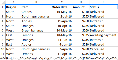 The dataset with a header row where the filter buttons are going to be added.