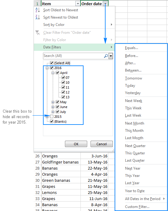 Bộ lọc ngày ở Excel