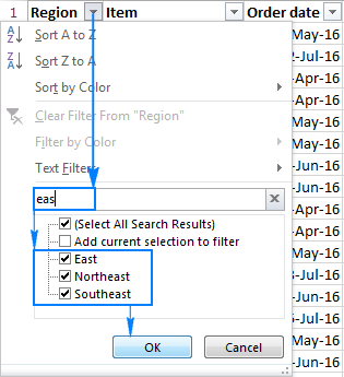 Filter with search in Excel.