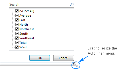 Resizing the Excel Filter menu