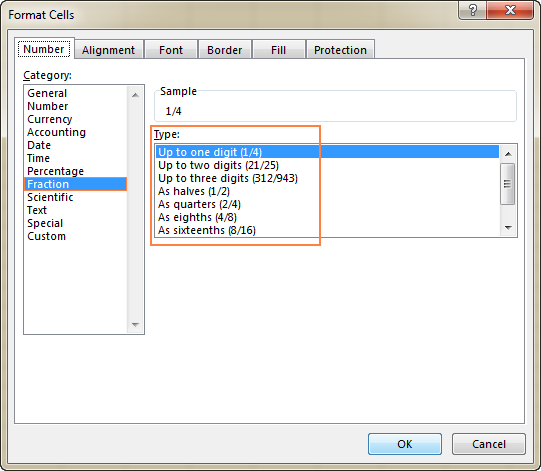 Excel's built-in fraction styles