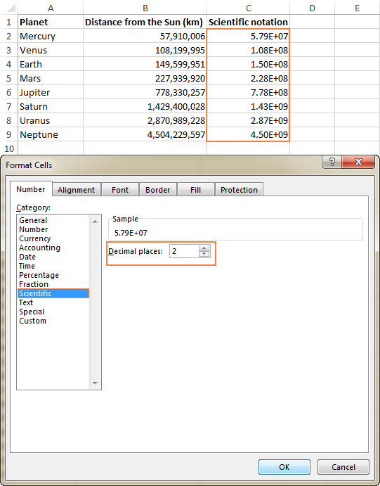 Using the Scientific notation format in Excel