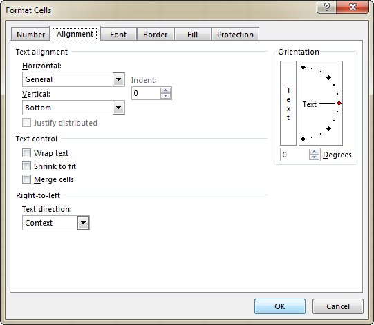 The default Alignment settings