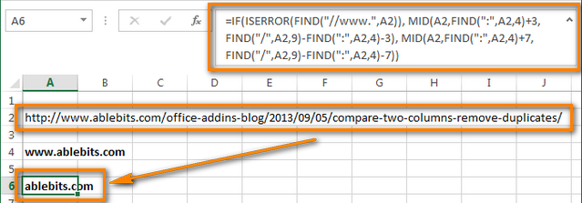 Formula to get domain names from a URL list in Excel