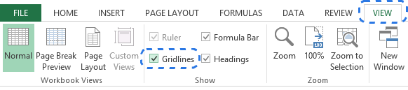 alt=Select the Gridlines checkbox on the VIEW tab to show gridlines in Excel