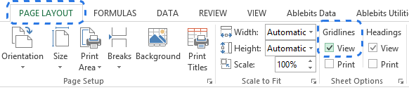 alt=Check the View box under Gridlines on the PAGE LAYOUT tab to display gridlines in Excel