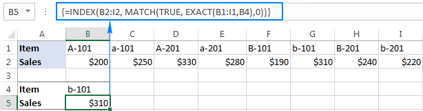 Example of case-sensitive horizontal lookup in Excel