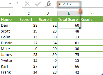 An additional column that sums numbers in columns C and D