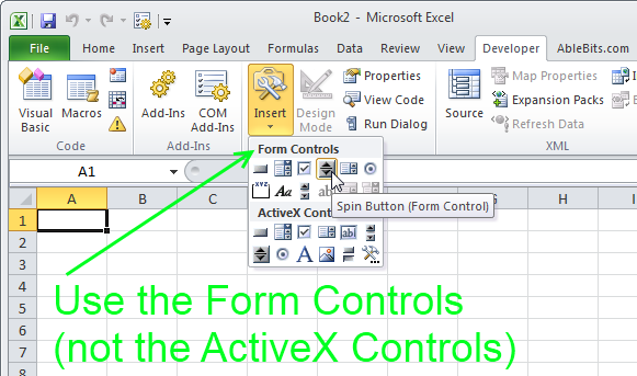 horizontal spin button excel