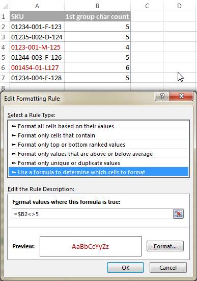 Conditional formatting rule based on the character count