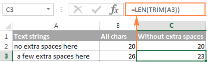 The LEN formula to get a character count excluding leading and trailing spaces