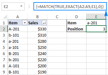 Case-sensitive formula to match data in Excel