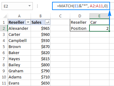 Excel Match formula with wildcard character
