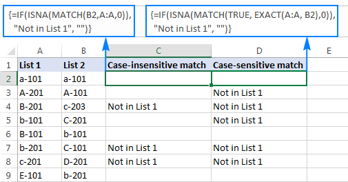 ISNA MATCH formulas to compare 2 lists for matches and differences