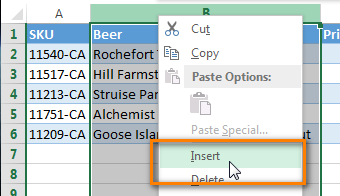 Select to insert a column in the menu