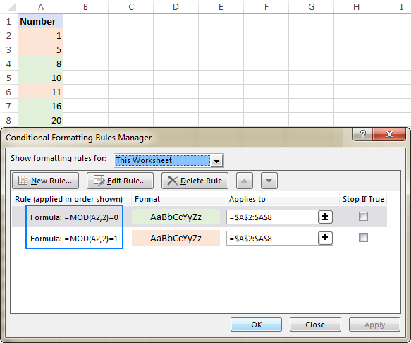 Highlight odd and even numbers in Excel