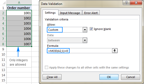 Using the MOD formula to allow only integers in selected cells