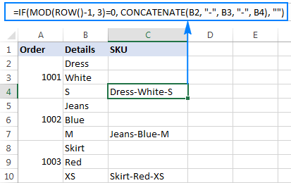 Mod formula to concatenates the contents of each three cells