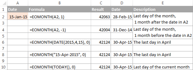 Excel EOMONTH formulas to return the last date of the month