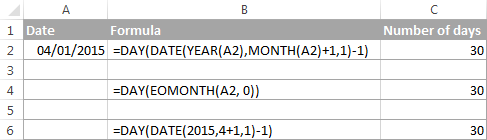 Excel formulas to get the number of days in a month based on date