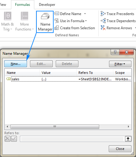 Create a new name by using the Excel Name Manager.