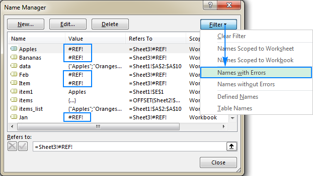 dlete a current name using the name manager in excel for mac