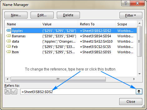 name manager for range updates excel mac