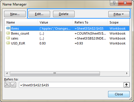 Excel names and named ranges: how to define and use in formulas