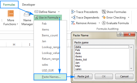 Excel names and named ranges how to define and use in formulas