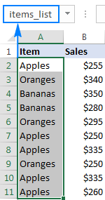 Creating a named range by using the Name Box