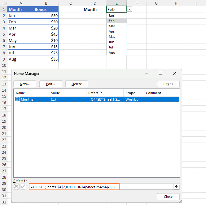 Excel OFFSET formula to create a dynamic range