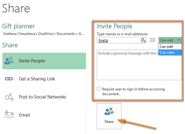 Inviting people to view or edit the Excel workbook you shared.