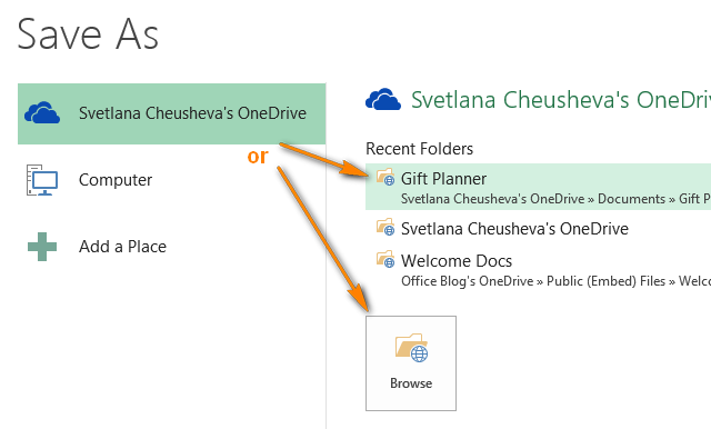 Choose a folder on OneDrive to save your Excel workbook.