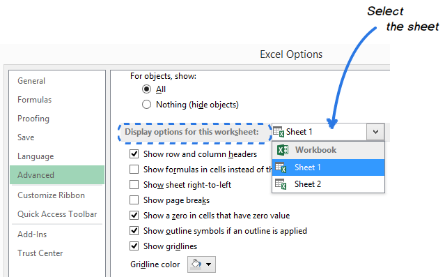 Go to the Display options for this worksheet section to change the gridlines color