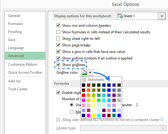 Open the Gridline color drop-down list to pick the color you want