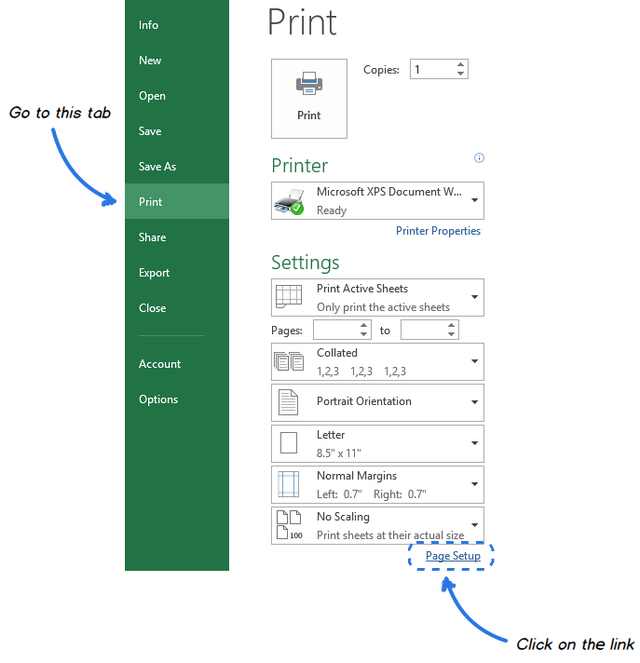 Click on the Page Setup link under the Print Settings list to open the Page Setup dialog