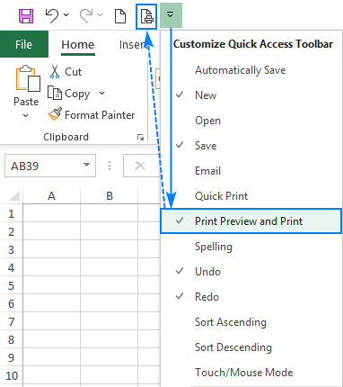 Add a print button to Excel Quick Access Toolbar.
