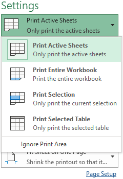 Choose to print selection, sheet or entire workbook.