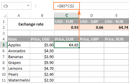 Using a mixed reference in an Excel formula