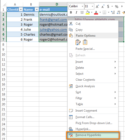 Entfernen Sie Hyperlinks im Excel-Kontextmenü