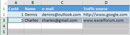 Row 4 (Roger) is also gone because cell D4 in the "Traffic source" column is empty