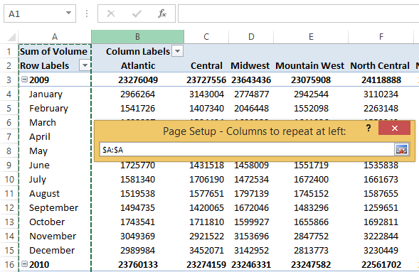 Repeat a header row column headers on every printed page in Excel