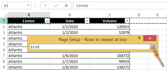 Select rows and click the Collapse button again to return to the Page Setup dialog box