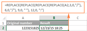 The nested REPLACE functions make a number look like date and time