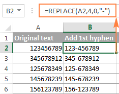 The REPLACE formula to add a hyphen in the 4th position in a cell
