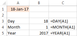 Use the Day, MONTH or YEAR function to get individual parts of a date.